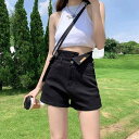 デニムショートパンツ レディース ハイウエスト仕様 ブラック Aライン ゆったり スタイルアップ効果 不規則な裾デザイン