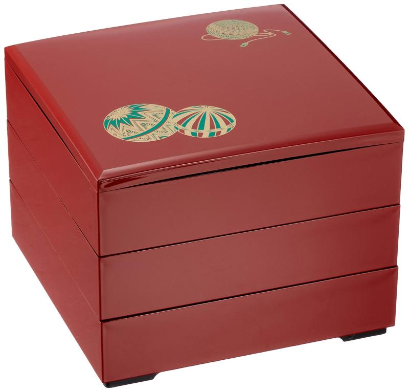 若泉漆器 3段重箱 7寸若菜重 朱 てまり (内黒) H-159-11-A