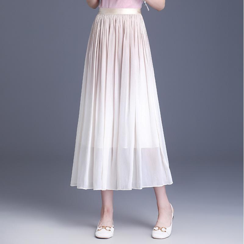 スカート レディース 女性用 ハイウエスト ウエストゴム プリーツ Aライン ミモレ丈 ボトムス ポリエステル 伸縮性 微弾 きれいめ 上品 エレガント 通勤 オフィス カジュアル 普段使い 春夏 グリーン アプリコット グラデーションカラー