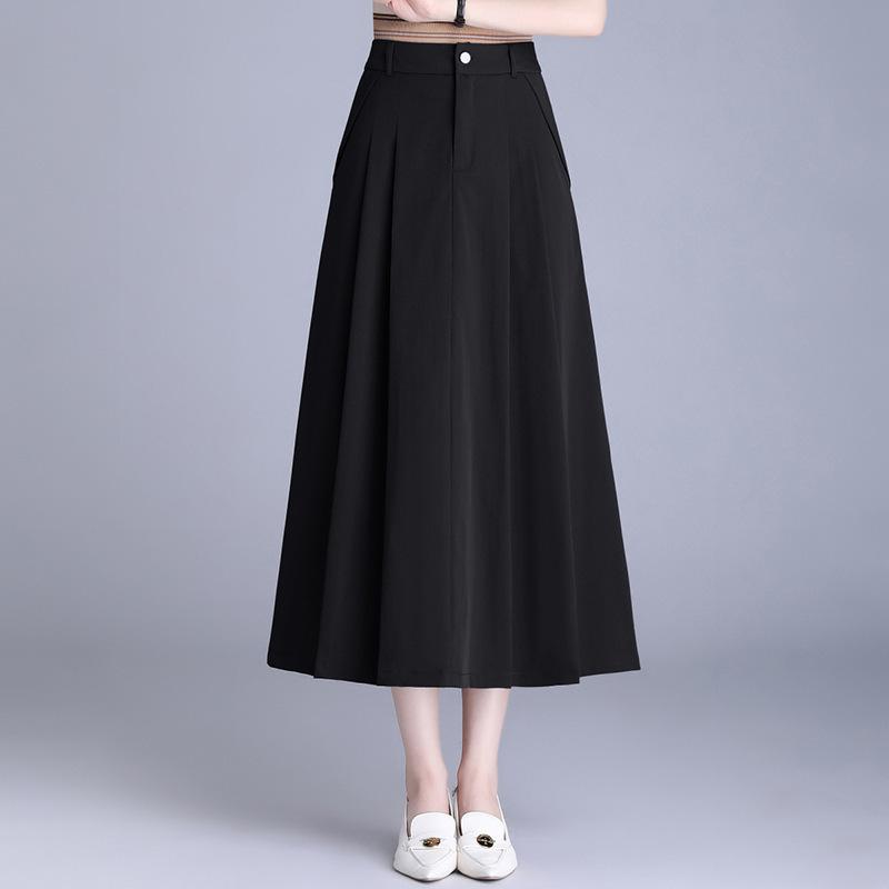 スカート レディース ロング丈 マキシ丈 プリーツ Aライン 切り替え フレア ポリエステル シンプル きれいめ カジュアル 体型カバー 細見え 春夏 ブラック グレー 通勤 オフィス 普段使い(4)