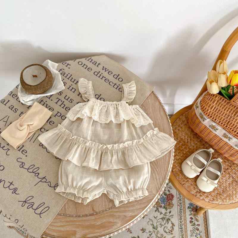 ベビー服 女の子 幼児 子供用 フリル袖 キャミソール ノースリーブ 無地 ショートパンツ 2点セット 綿100% 薄手 かわいい 夏服 ダークアプリコット ベージュ系 普段着