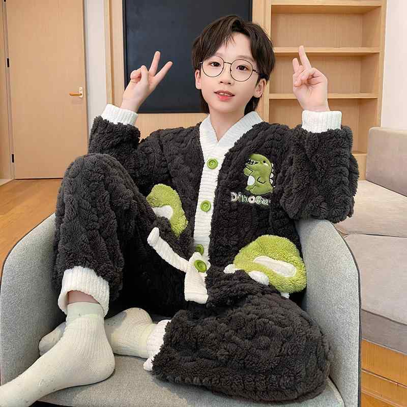 パジャマ 男の子用 キッズ グリーン 恐竜柄 フランネル サンゴフリース もこもこ 厚手 あったか 保温 かわいい プリント 冬用 親子コーデ 上下セット ルームウェア