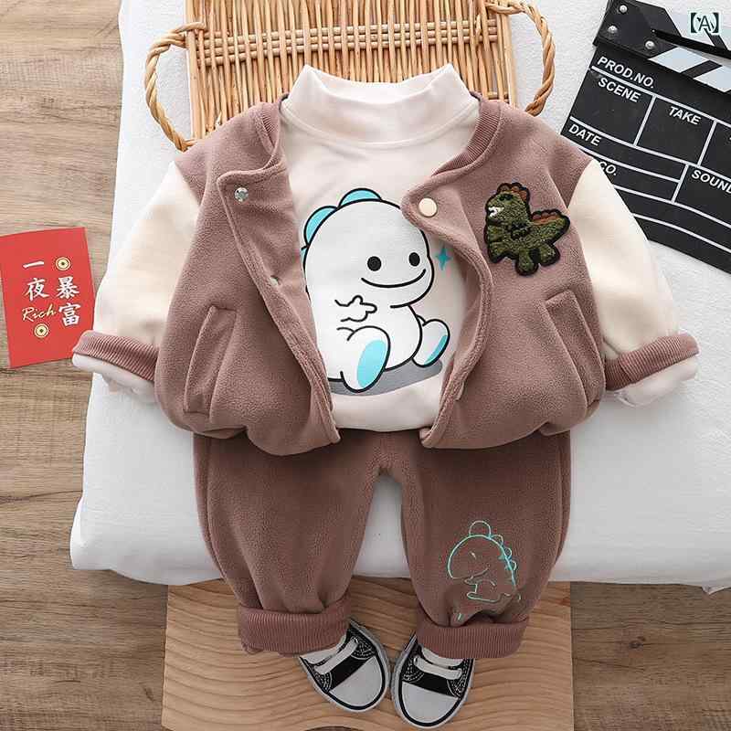 子供服 男の子 セットアップ 厚手 秋冬 恐竜柄 ベースボールウェア スタジャン 3点セット 長袖 長ズボ..