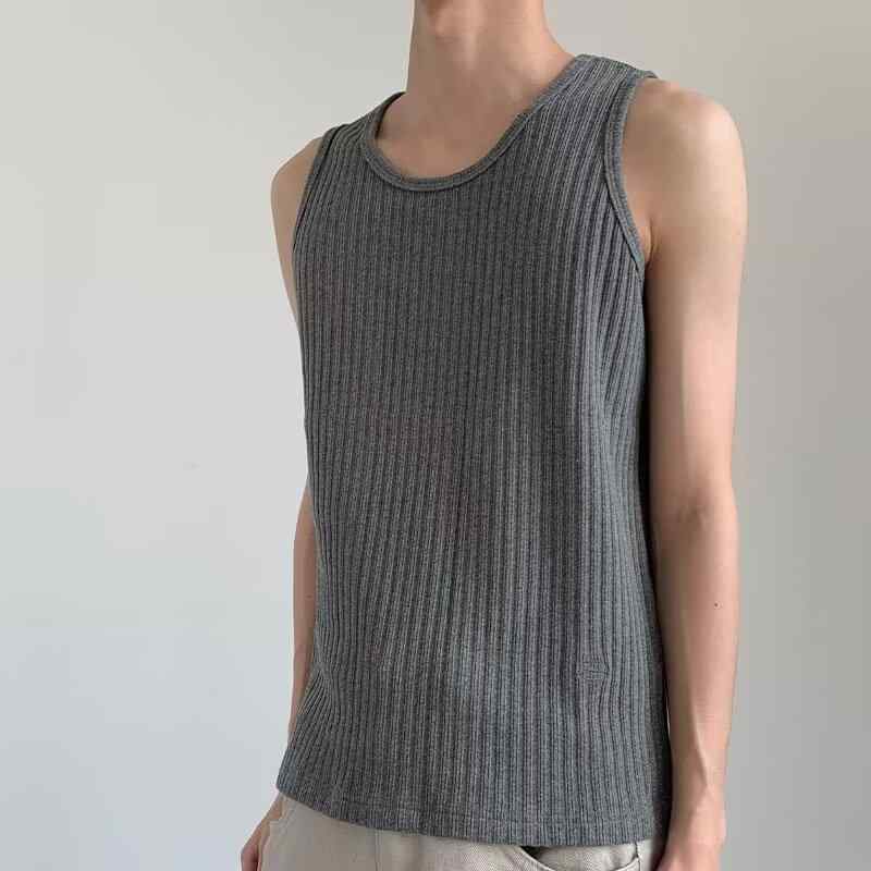 タンクトップ メンズ ストライプ ニット Yバック クルーネック 綿100% ヘビーウェイト 夏 インナー 高..