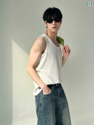 タンクトップ メンズ アメリカン カジュアル スポーツ ジム フィットネス 縦ストライプ テクスチャー スリムフィット インナー 薄手 ポリエステル 夏用 レトロ