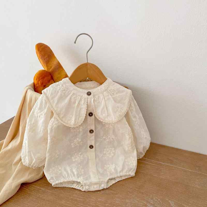 ロンパース 女の子 ベビー 幼児 子供 コットン 綿100% 花柄刺繍 フラワー刺繍 ビッグカラー 襟付き 長..