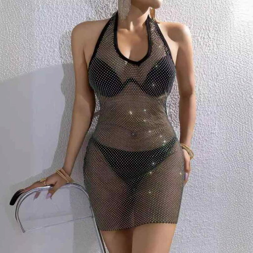 ワンピース レディース 欧米風 ストリート セクシー ホルターネック Uネック ノースリーブ メッシュ ラインストーン 凝ったデザイン 背中開き ボディコン ミニ丈 ブラック 夏 ワンピース レディース 欧米風 ストリート セクシー ホルターネック Uネック ノースリーブ メッシュ ラインストーン 凝ったデザイン 背中開き ボディコン ミニ丈 ブラック 夏