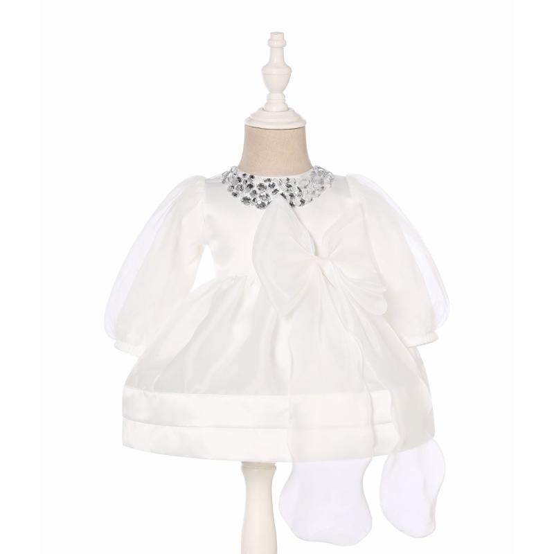 ワンピース ベビー 女の子 長袖 プリンセスドレス フォーマル オーガンジー レース パールビーズ装飾 ..