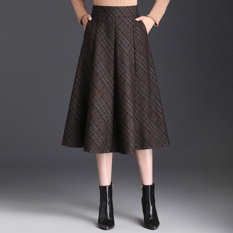 スカート ミセス Aライン チェック柄 ウール調 厚手 ハイウエスト 体型カバー スタイルアップ ミディ丈 フレア 秋冬 ポリエステル 通勤 伸縮性