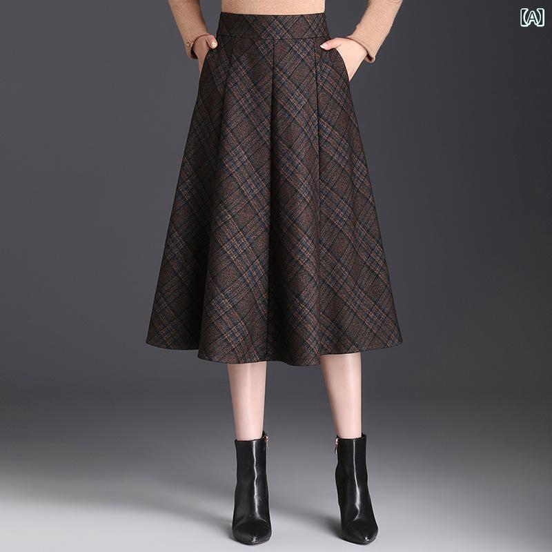 スカート ミセス Aライン チェック柄 ウール調 厚手 ハイウエスト 体型カバー スタイルアップ ミディ丈 フレア 秋冬 ポリエステル 通勤 伸縮性