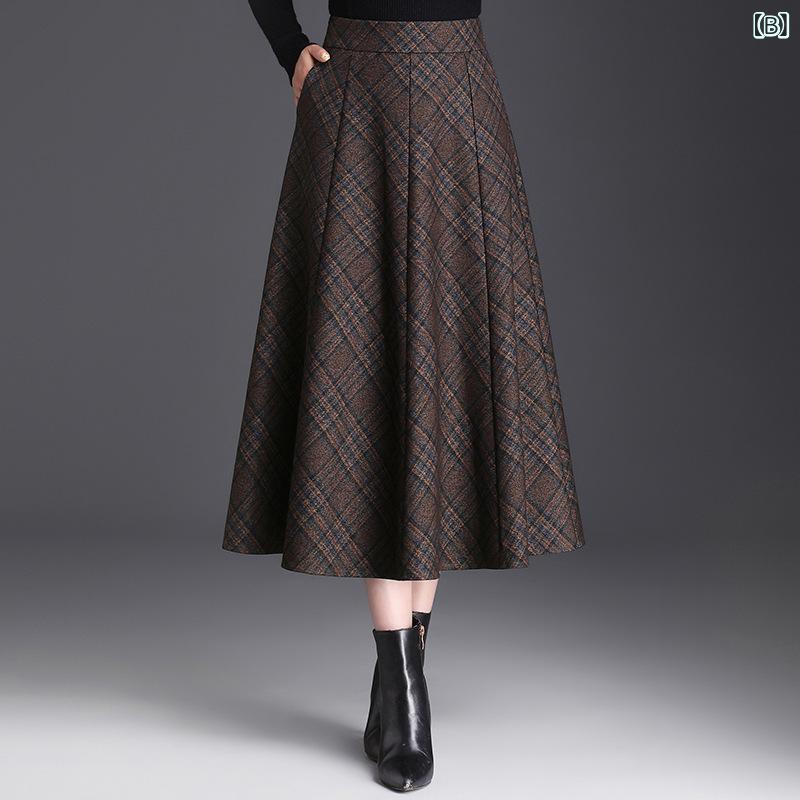 スカート ミセス Aライン チェック柄 ウール調 厚手 ハイウエスト 体型カバー スタイルアップ ミディ丈 フレア 秋冬 ポリエステル 通勤 伸縮性
