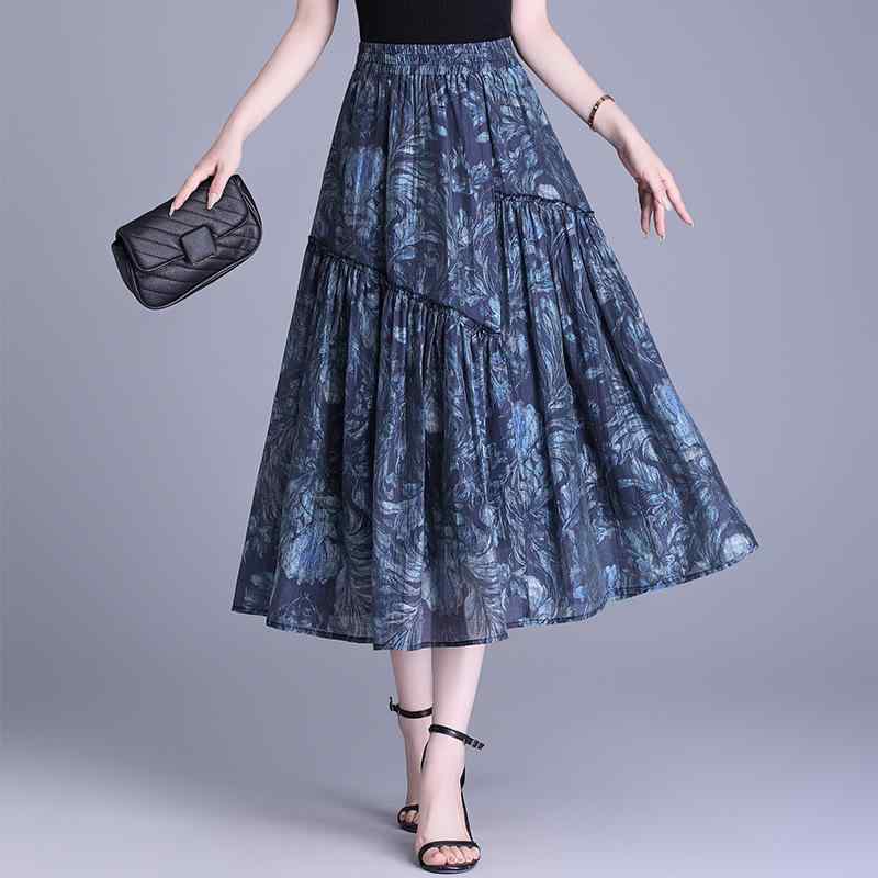 スカート レディース 花柄 プリント メッシュ 切り替え Aライン ハイウエスト ミモレ丈 スタイルアップ 着痩せ 韓国ファッション 通勤 オフィス カジュアル ブルー 春夏