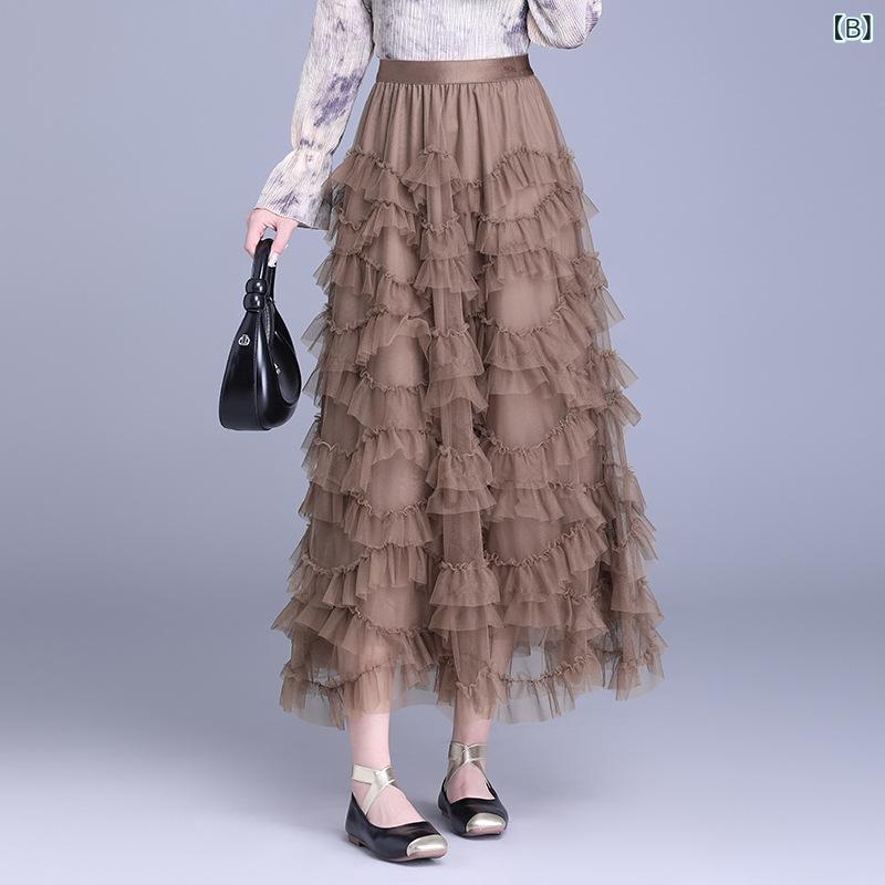 花りぼんのスカート レディース チュール レイヤード ティアード ふんわり フレア ロング Aライン 春夏 通勤 オフィス きれいめ カジュアル 上品 ポリエステル ストレッチ 伸縮性 ボトムス ギャザー｜アングル3