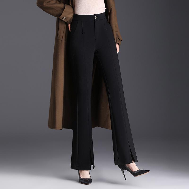 パンツ レディース ブラック ハイウエスト ロング丈 微フレア スリット 裾スリット フレアパンツ ブーツカット スリム 細見え 着痩せ 落ち感 ドレープ ポリエステル ストレッチ 通勤 オフィス きれいめ オフィスカジュアル 秋冬