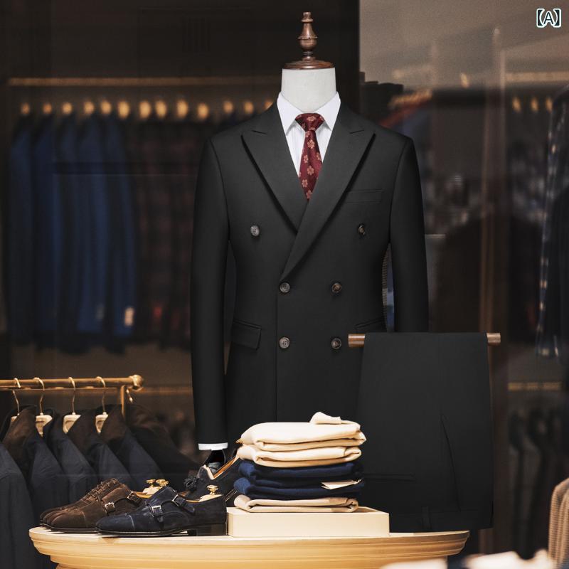 スーツ メンズ 結婚式 フォーマル 礼服 ダブルブレスト ピークドラペル スリムフィット 新郎 介添人 無地 ツーピース セットアップ 披露宴 二次会 パーティー セレモニー 綿混 ブラック グレー 通年