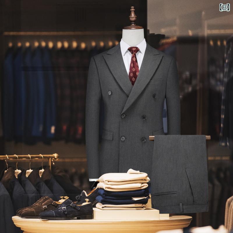 スーツ メンズ 結婚式 フォーマル 礼服 ダブルブレスト ピークドラペル スリムフィット 新郎 介添人 無地 ツーピース セットアップ 披露宴 二次会 パーティー セレモニー 綿混 ブラック グレー 通年