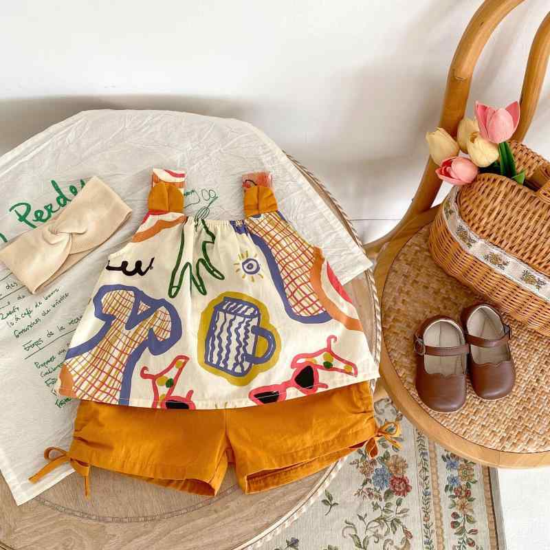 セットアップ 女児 ベビー 幼児 春夏 インスタ風 コットン ノースリーブ 落書き風 タンクトップ トップ..