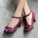 パンプス レディース 女性用 リボン ラウンドトゥ 浅口 太ヒール チャンキーヒール ハイヒール 通勤 オフィス ビジネス 普段使い 合成皮革 ブラック パープ...