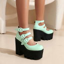 パンプス レディース 厚底 プラットフォーム ハイヒール チャンキーヒール メリージェーン ラウンドトゥ 浅履き 合成皮革 レトロ スクールガール風 クラシカル...