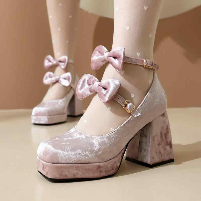 パンプス レディース 女性用 春秋 ベルベット素材 超高ヒール 8cm以上 太ヒール チャンキーヒール リボン メリージェーン スクエアトゥ 浅履き ストラップ...