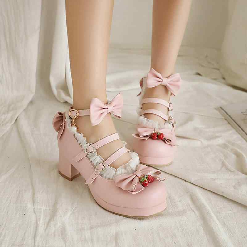 パンプス レディース ロリータ かわいい リボン クロスストラップ チャンキーヒール 6-8cmヒール ラウンドトゥ 浅履き 春秋 合成皮革 ピンク ブラック ...