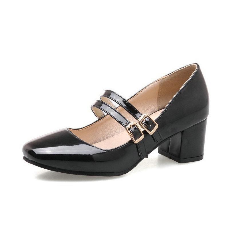 パンプス レディース メリージェーン 春秋 エナメル スクエアトゥ 太ヒール ハイヒール 8cm ダブルストラップ 浅履き PUレザー ファッション