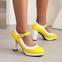 パンプス レディース エナメル 合成皮革 切り替え ブローグ 太ヒール ストラップ ラウンドトゥ 浅履き カラフル 大きいサイズ 春秋 ゴム底 通勤 オフィス ...