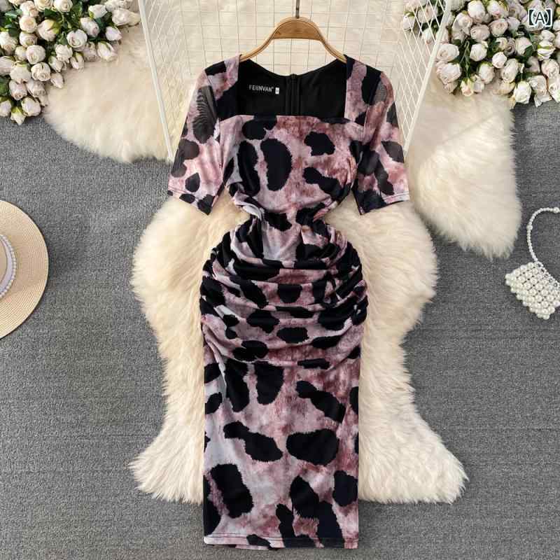 ワンピース レディース 夏 韓国風 エレガント 上品 半袖 スクエアネック ハイウエスト ウエストマーク 細見え ミディ丈 ピンク レオパード柄 タイト レトロ