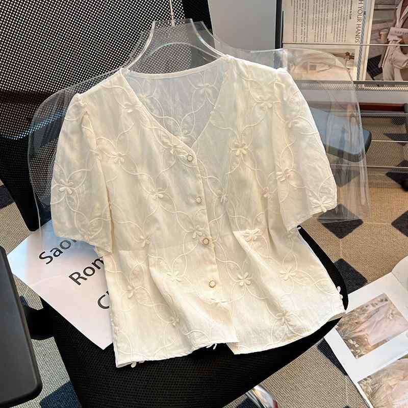 ブラウス レディース フレンチスタイル Vネック レース 刺繍 半袖 パフスリーブ ショート丈トップス エレガント 上品 きれいめ オフィス 通勤 無地 アプリコットカラー(4)