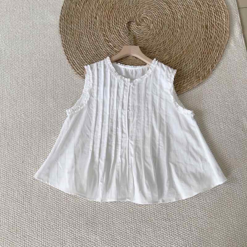 ブラウス レディース フレンチテイスト メロウフリル プリーツ ノースリーブ 細見え リネン クルーネック 普段使い カジュアル ホワイト(4)