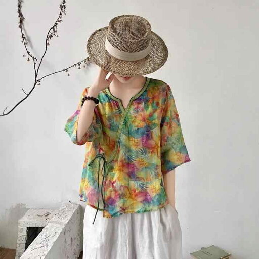 シャツ レディース デジタルプリント 中国風 レトロ 花柄 植物柄 Vネック リボン フリル 五分袖 トップス ブラウス ゆったり リラックスカジュアル 麻素材 シャツ レディース デジタルプリント 中国風 レトロ 花柄 植物柄 Vネック リボン フリル 五分袖 トップス ブラウス ゆったり リラックスカジュアル 麻素材