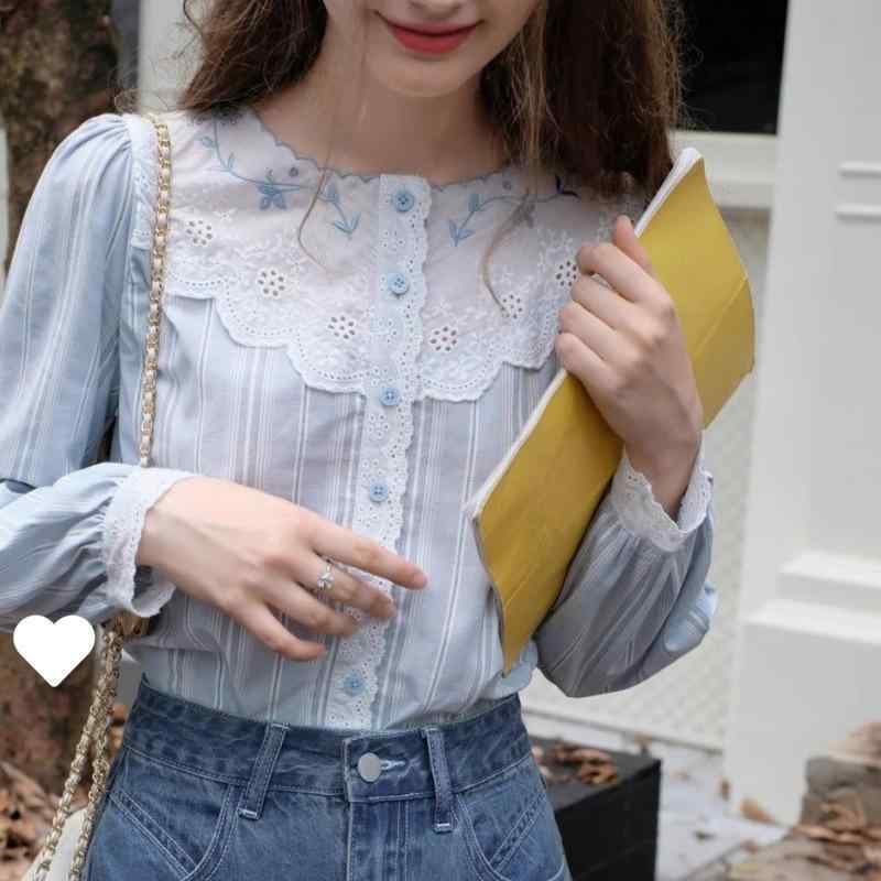 ブラウス レディース 女性用 フレンチ 長袖 ストライプ 刺繍 レース 切り替え コットン素材 ラウンドネック デザイン 個性的 レトロ クラシカル