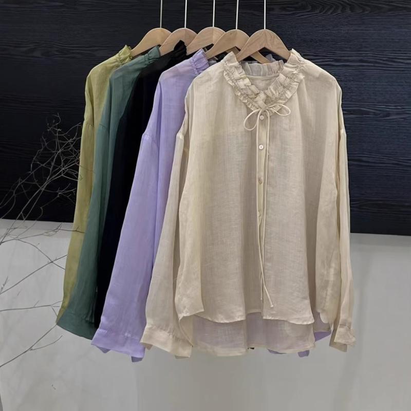 ブラウス レディース ラミー麻 フリル襟 ドローストリング 長袖 ゆったり レトロ クラシック カジュアル 着回し リラックスフィット 前開き 薄手 快適(4)