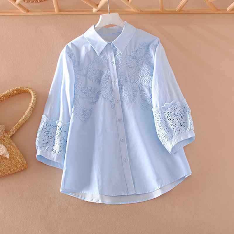 シャツ レディース Polo襟 レース切り替え 刺繍 ブラウス ゆったり 無地 七分袖 ショート丈 エレガント 上品 きれいめ 大人カジュアル 着回し(4)