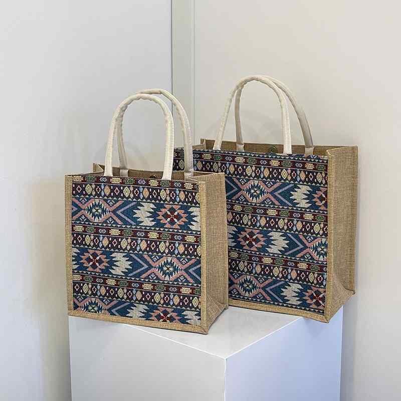バッグ 民族調 エスニック 韓国ファッション かわいい おしゃれ 春夏 綿麻 リネン キャンバス 大容量 手提げ トート ハンドバッグ 横型 スクエア 通勤 オフィス お出かけ 普段使い ランチ 弁当バッグ(4)