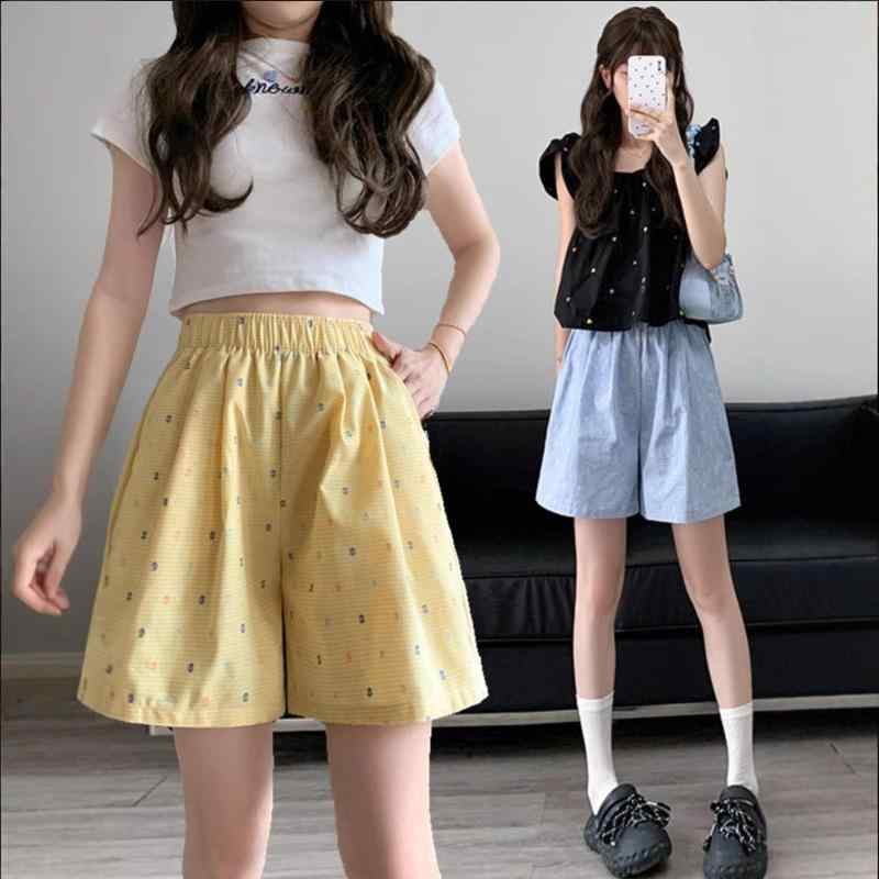 ショートパンツ レディース アメリカンレトロ チェック柄 スポーツ 薄手 コットン ハイウエスト Aライン ドット柄 ワイドレッグ 5分丈 ゴムウエスト