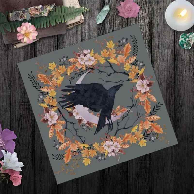 タロットクロス テーブルマット カラス 月 花柄 リーフ柄 北欧風 ポリエステル 正方形 スクエア リビン..