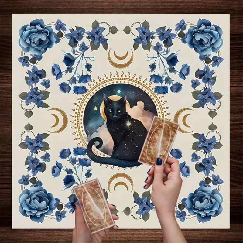 タロットクロス 黒猫 青花柄 月柄 テーブルクロス ポリエステル製 正方形 北欧風 植物柄 花柄 マルチカラー 部屋飾り 占い用 デコレーション マット