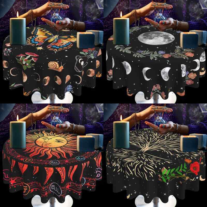 タロットクロス 円形 テーブルクロス タロットカード 占い用 サンムーン 太陽 月相 布マット ポリエステル製 北欧風 幾何学模様 リビング ダイニング インテリア装飾 直径152cm