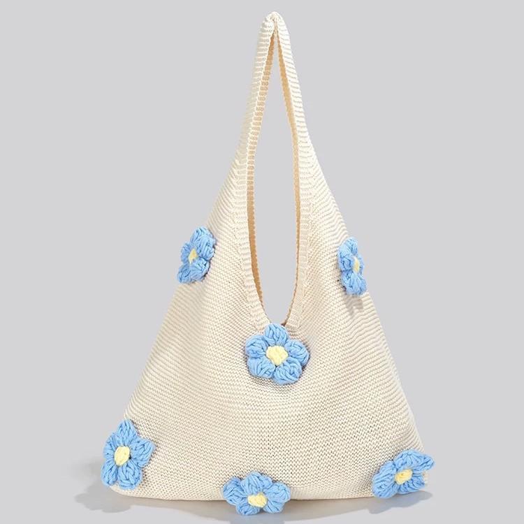 トートバッグ レディース エスニック 花柄 毛糸 手編み ハンドメイド 大容量 ソフト バケツ型 ワンショ..