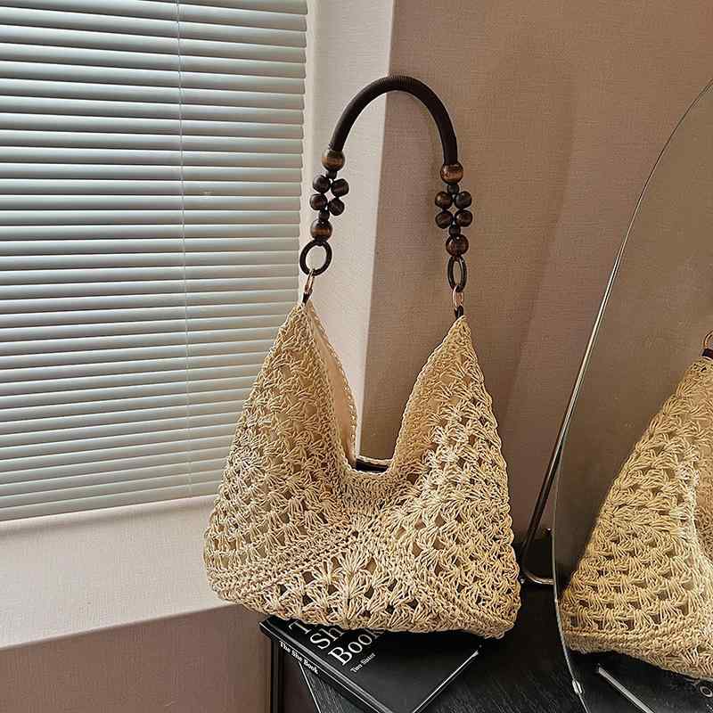 トートバッグ レディース エスニック風 編み込み 草編み 大容量 個性的 ビーチ リゾート 普段使い 木製ビーズ 手提げ 肩掛け 春夏 カバン
