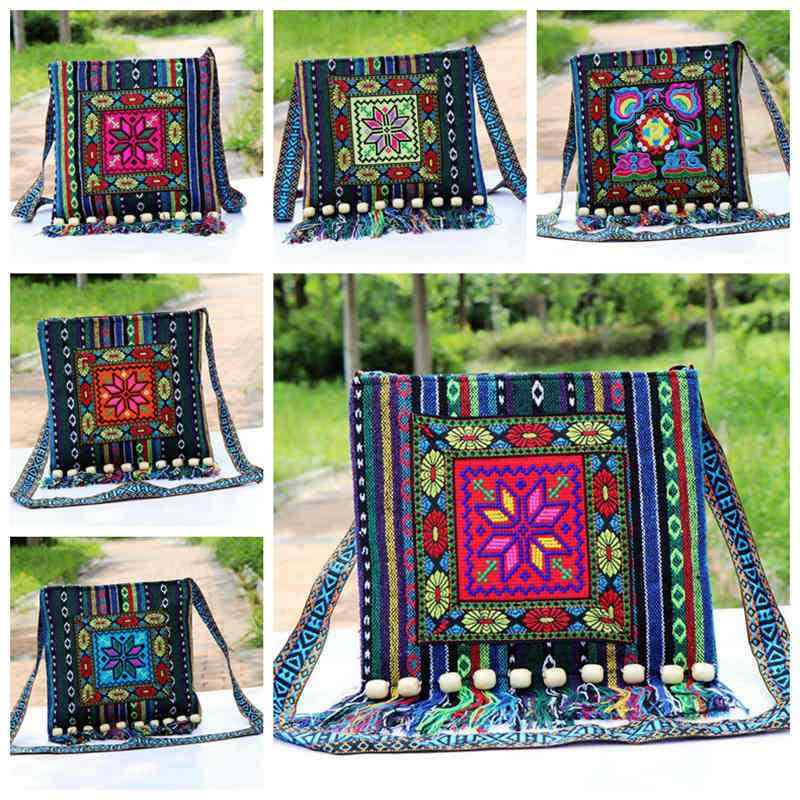 バッグ ユニセックス 男女兼用 少数民族柄 エスニック 伝統 手織り布 刺繡 クロスステッチ 扇形 斜めがけ 肩掛け ワンショルダー 大容量 大型鞄 普段使い デイリーユース 通勤 通学 帆布 牛革
