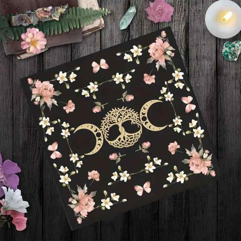 タロットクロス テーブルクロス タロットカード用 月相 満月 花柄 植物柄 リーフ柄 北欧風 ポリエステル製 正方形 布製マット 敷物 部屋飾り ルームデコレーション 寮 インテリア