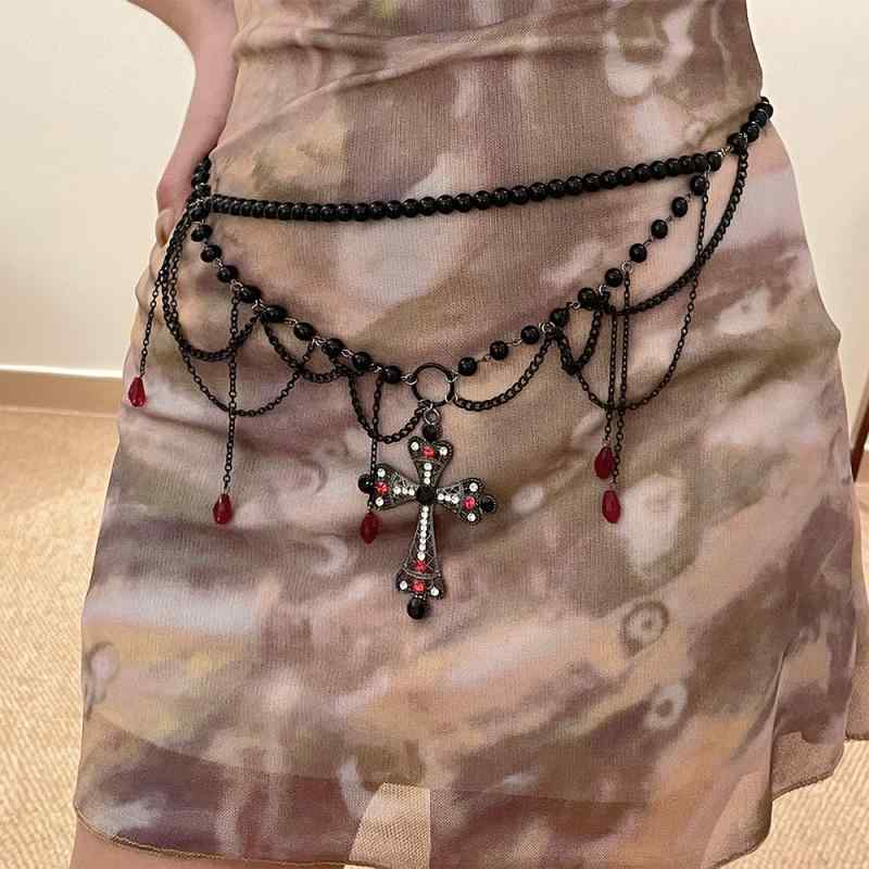 ウエストチェーン レディース 十字架 クロス パール ダブルレイヤー ストリート Y2K ゴシックパンク パンツチェーン スカートチェーン サブカル系(4)
