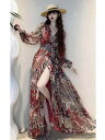 ワンピース レディース Vネック ボヘミアン 花柄 マキシ丈 TR素材 ビーチ リゾート 大判 プリント Aライン 着痩せ スタイルアップ 長袖 中国風