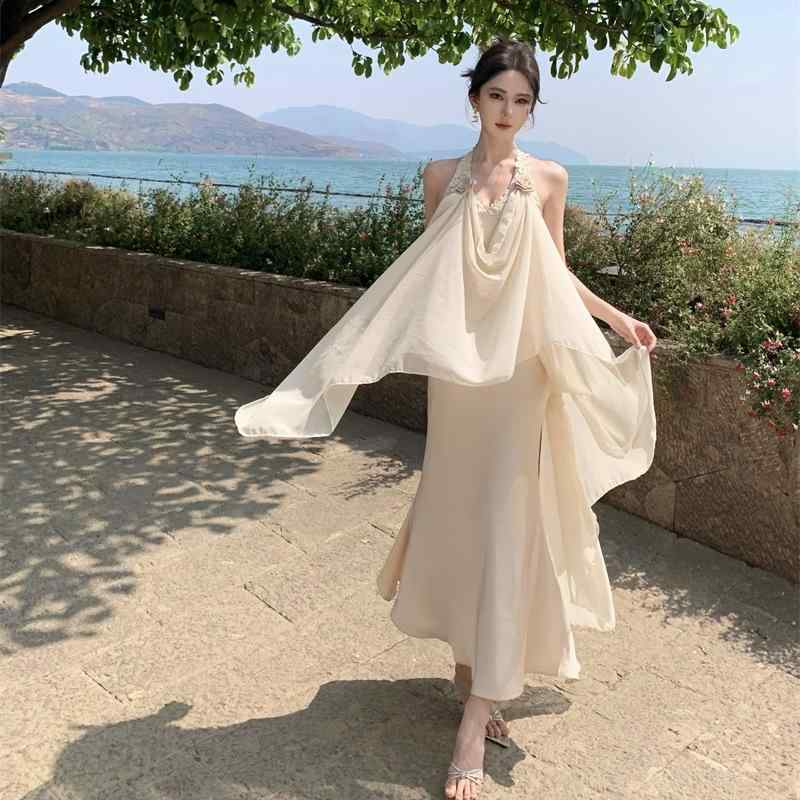 ワンピース レディース ローズマリー ポリエステル シフォン ローズ 花柄 飾り ノースリーブ ハイウエ..