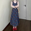 ワンピース レディース レトロ Vネック 花柄 ノースリーブ Aライン ロングワンピース ポリエステル ハイウエスト ゆったり 70% 80% 接触冷感 ブルー リゾート 旅行