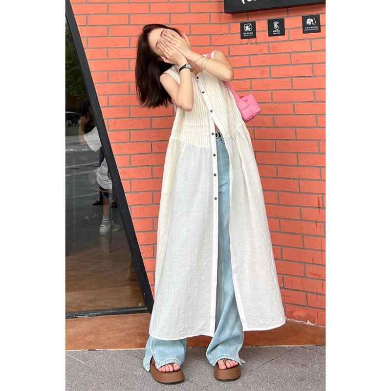 ワンピース レディース ノースリーブ 麻 Aライン ロング丈 ラウンドネック プリーツ 杏色 体型カバー ゆったり 普段使い