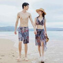 水着 レディース ビキニ 3点セット 体型カバー 水墨柄 温泉 海水浴 プール 男性用 サーフパンツ カップル ポリエステル