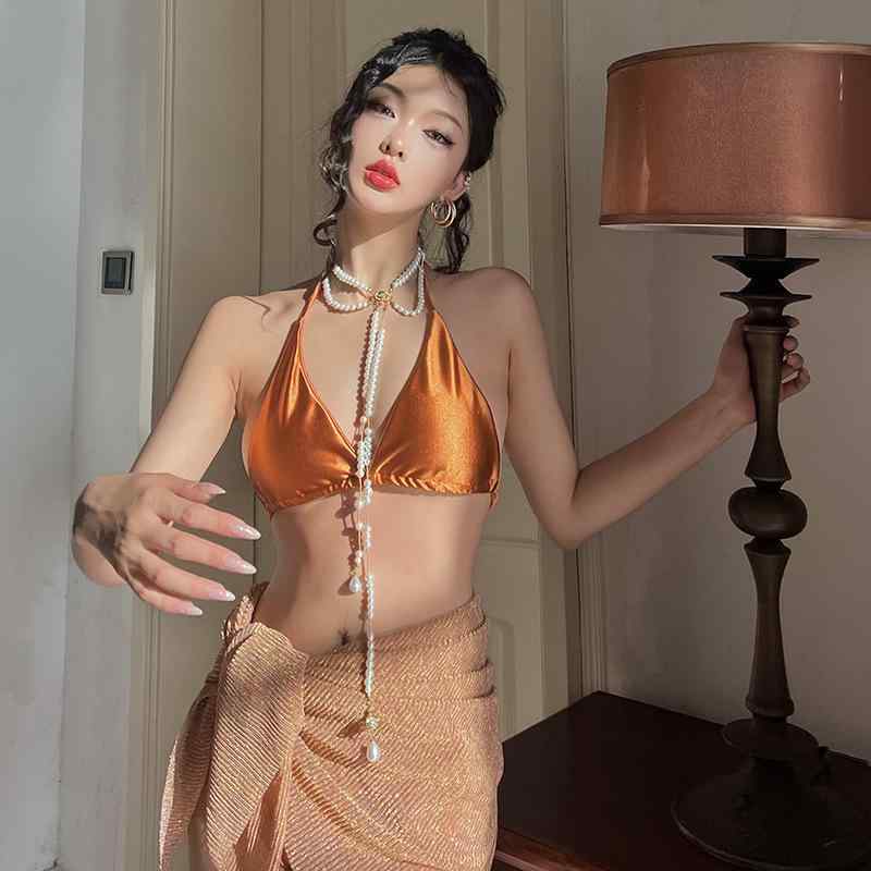 ビキニ レディース レトロ風 サテン スタイル 胸パッド付き 温泉 海水浴 旅行 ビーチ リゾート スイム..